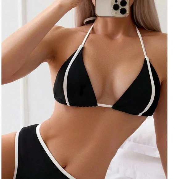 Swim Chicsea Summer Beach Contrast Binding Halter Triangle Bikini Set - Picture 1 of 6